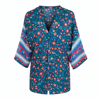 Kimono Mujer Azul con Diseño Floreado Buinzoo